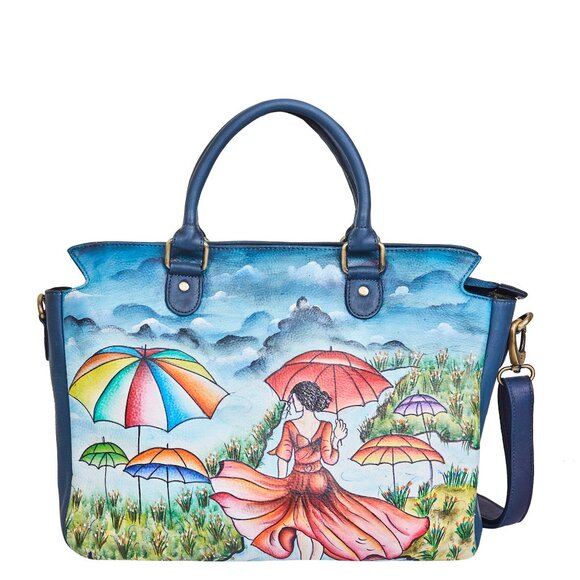 Leather Hand-Painted Women Blue Top Handle Tote Bag, Satchel Handbag, Crossbody - Picture 1 of 9